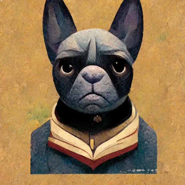 French Bulldog in the style of Grant Wood